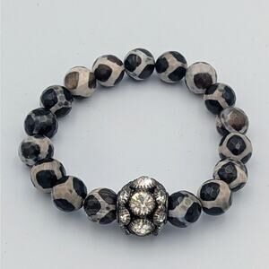 Faceted Agate Stone Stretch Bracelet | Black & Cream Beads